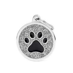 My Family Pet Tag - Grey Glitter Circle With Black Paw Large